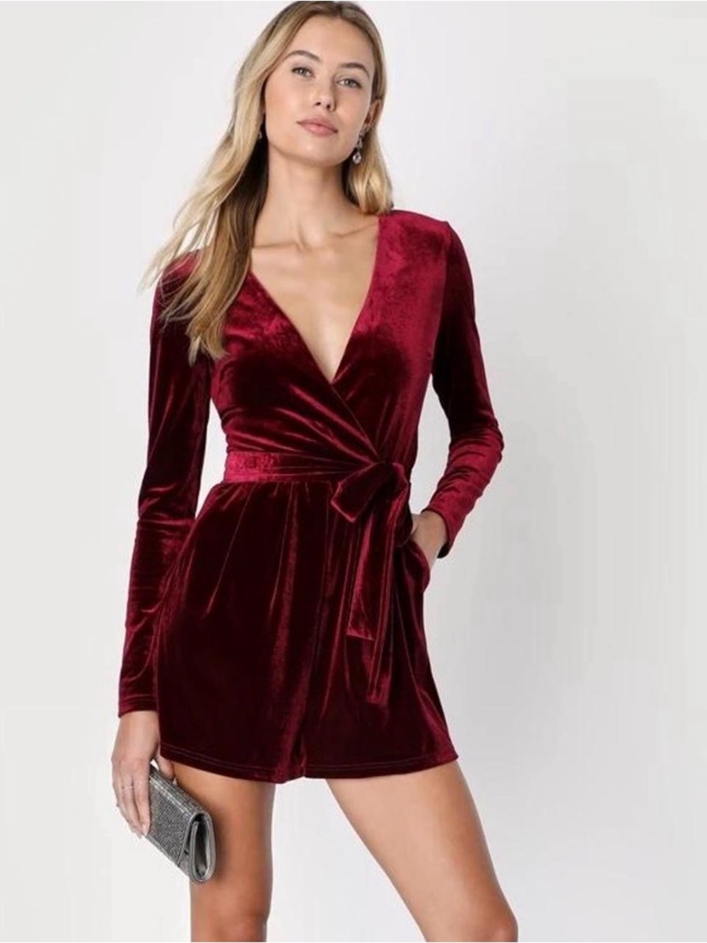 Lulus Velvet Wrap Romper Dress in Burgundy